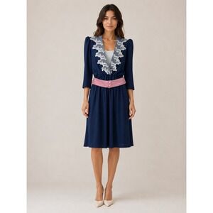 Jenny Petites Vintage Midi Dress 90s Prairie Coquette Navy Blue Polyester Size 6